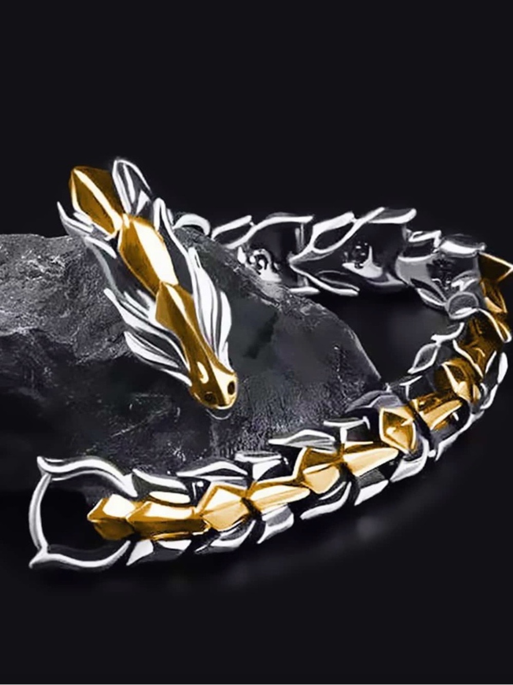 Retro Two-Toned Gold & Silver Metal Dragon Link Bracelet - Picture 5 of 10